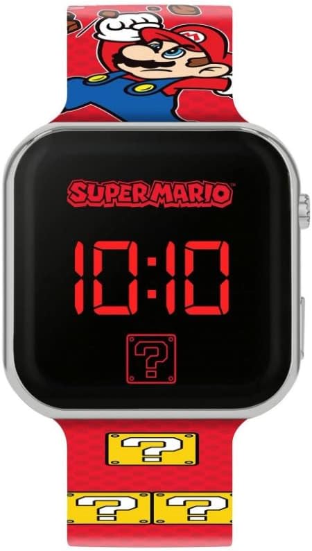 Accutime GSM4107 LED Digital Watch front view, displaying 10:10 in red LED digits with Super Mario branding.
