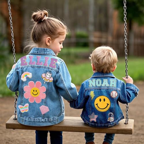 Personalized Denim Jacket for Kids with Name Patches| Custom Toddler Girls Clothes| Back to School Outfit| Jean Jacket Birthday Gifts for Toddlers Girls Boys 1-83