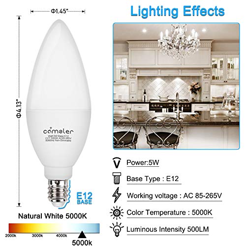 Comzler E12 Led Candelabra Bulb, 60 Watt Equivalent Ceiling Fan Light Bulbs, Daylight 5000K Led Chandelier Light Bulbs, Candle Bulb Small Base For Chandelier, Non Dimmable, Pack Of 8 #TOP1