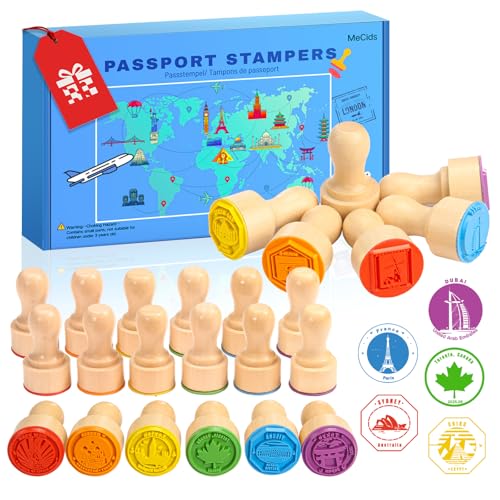 MeCids Passport Stamps for Kids City and Country Stamp Set 24pcs