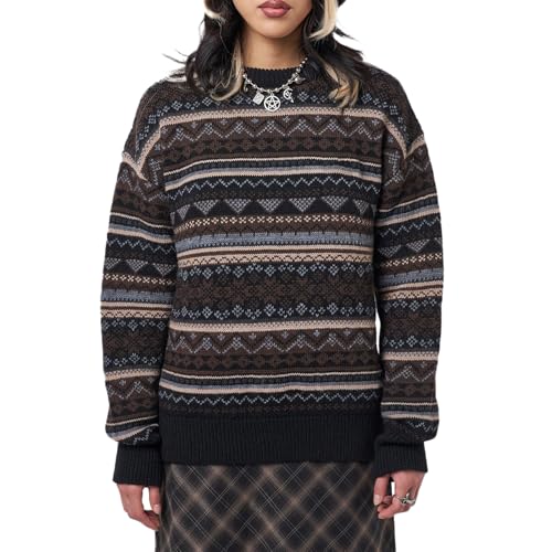 Image of Women Vintage Striped Pullover Sweater Y2k Long Sleeve Crew Neck Loose Knit Sweaters Fall Winter Knitwear