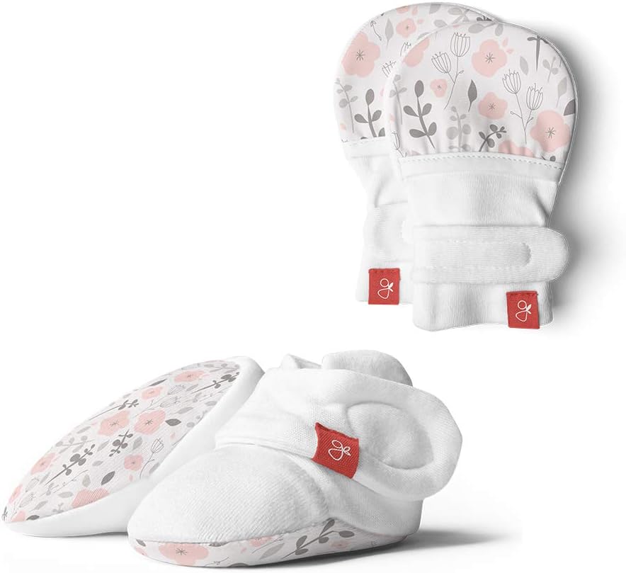 Baby Booties & Mittens Bundle, Adjustable Soft & Secure (0-3 Months, Enchanted Garden)