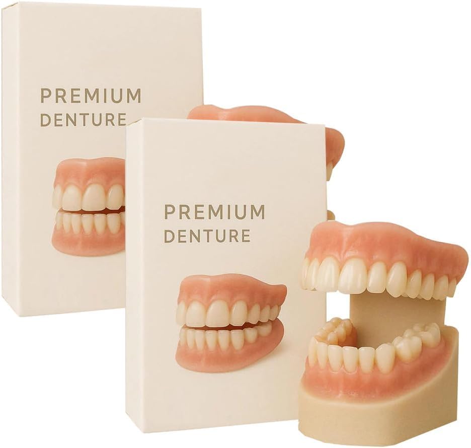 Juego completo de dentadura de silicona con kit de rebase superior e inferior, ajuste cómodo, dientes postizos para hombres y mujeres, solución de cuidado dental (2Piezas)