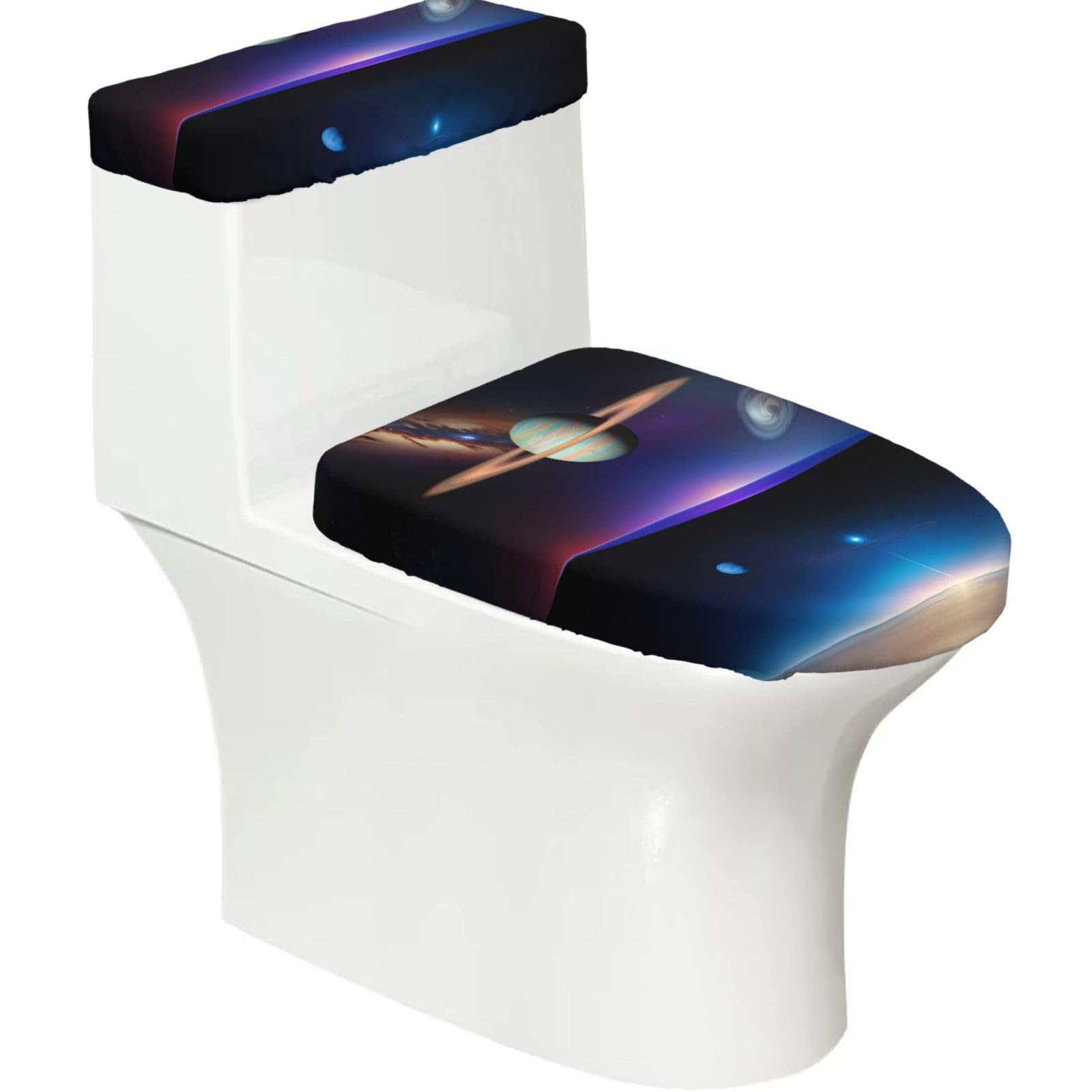 Cosmic Saturn Elastic Toilet Cover Set of 2-Stretchy Lid and Tank Covers for Bathroom, Soft Washable U Shape Toilet Decor