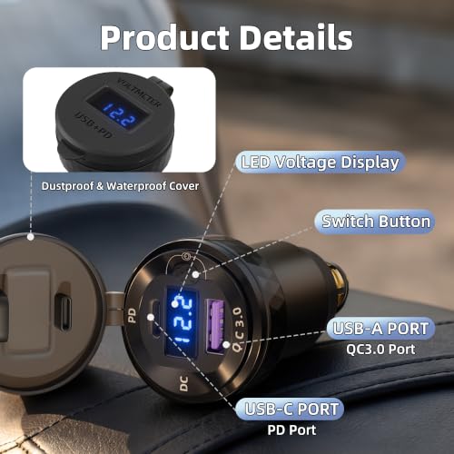 Image of DaierTek Waterproof DIN /Hella USB Charger Adapter,DC QC Powerlet Motorcycle Phone Charger with Blue LED for BMW Triumph Tiger Ducati