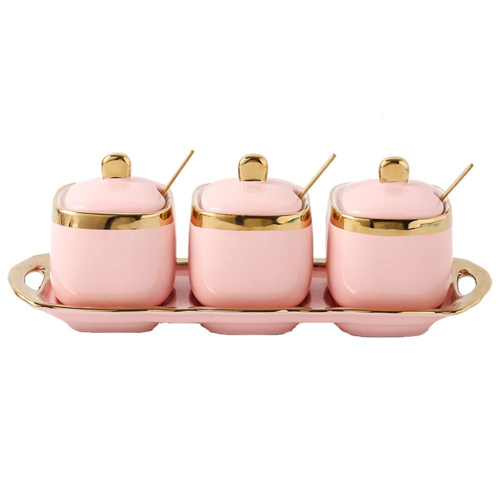 IANSHFKN Phnom Penh Ceramic Spice Three Jar Set Seasoning, Sugar Salt Storage with Spoon Kitchen Accessories