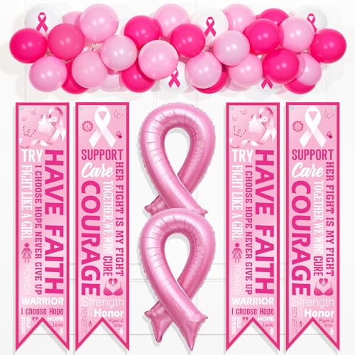 Breast Cancer Awareness Decorations Pink Ribbon Door Banner and Balloons for Breast Cancer Party Decoration