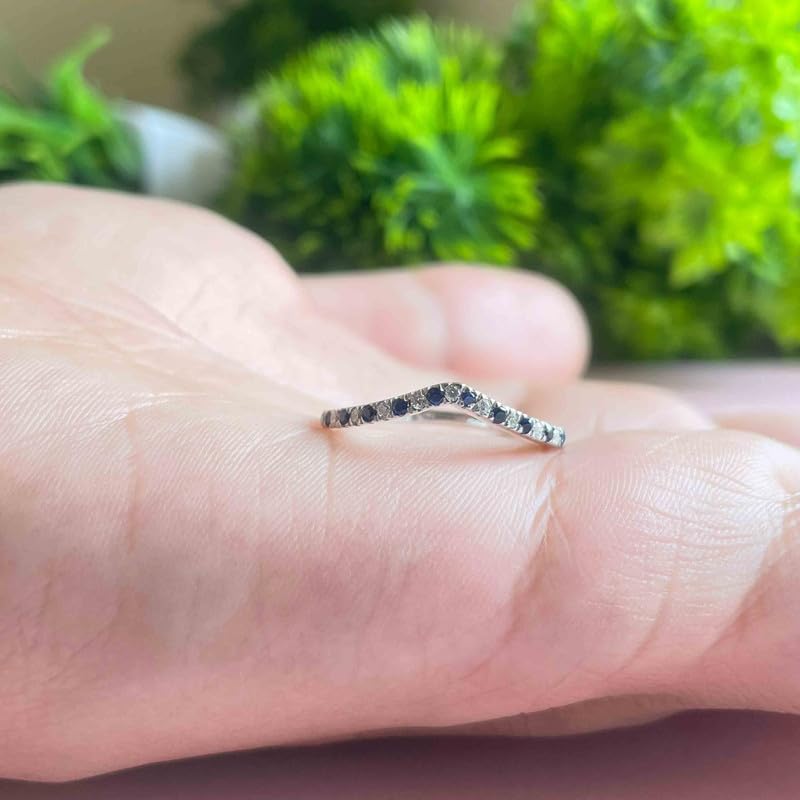 Alternate Blue Sapphire & White Diamond Chevron V Shape Wedding Band For Women, 14k Yellow Gold Finish Blue Sapphire Matching Contour V Shape Anniversary Ring3