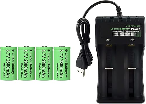 CBJJ Batería 16340 con cargador, batería recargable 16340 de 2800 mAh con cargador de 2 bahías (paquete de 4 baterías de 3.7 V y cargador)