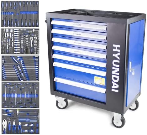 Hyundai 298 Piece 7 Drawer Tool Cabinet, Castor Mounted Roller Tool Chest With Powder Coated Steel Frame, Tool Chest With Tools Included & 2 Year Warranty