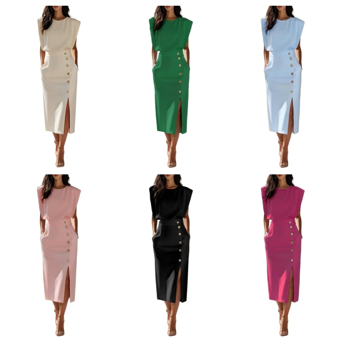 Vestito Donna Abito Midi Aderente da Donna Elegante Abiti Tubino Avvolgente con Scollo Rotondo E Bottoni Laterali Vestiti Lungo da Lavoro E da Ufficio con Tasche da Cerimonia