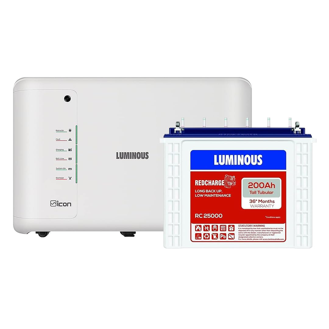 Luminous Inverter & Battery Combo for Home, Office & Shops (iCon 1100 Pure Sine Wave Inverter, RC 25000 200 Ah Tall Tubular Battery), White, Standard (icon1100_RC25000)-image-21