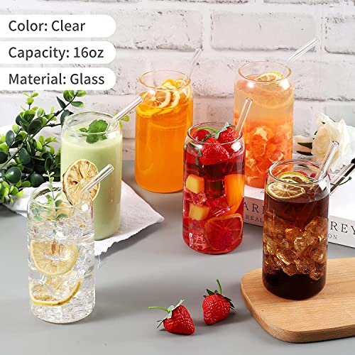 Infankey Glass Cups With Glass Straw 6Pcs Set - Beer Can Shaped Drinking Glasses, 16 Oz Iced Coffee Glasses, Cute Tumbler Cup For Smoothie, Boba Tea, Whiskey, Juice, Water - 1 Cleaning Brushes #TOP2