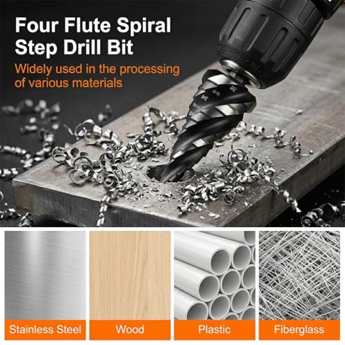 Image of Serplex 3Pcs HSS Spiral Flute Step Drill Bit Set 1 /8 inch-7 /8 inch, High-Speed Steel Cone Drill Bits with 1 /4 inch Hex Shank Multi-Size Drilling Tool for Metal, Wood, PVC & Sheet Metal, Deburring & DIY Projects