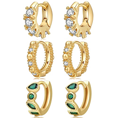 Mystorly 3 Paires Boucles d'Oreilles Créoles Plaqué Or 18K Créoles Set pour Femme Clous d'Oreilles Lot de Petites Anneau Colorées Cadeau pour Anniversaire Noël Saint Valentin (3Pcs Style 9) Cover