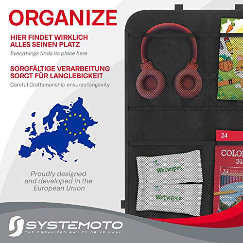 Systemoto Auto Rücksitz Organizer mit 4 Großen Taschen (1 Stück) - Autositz Organizer mit Trittschutz - Sitzschutz für Auto Rückenlehne - Vordersitz Schutz Kinder - Sitz-Schoner, Kickmatte (Schwarz)