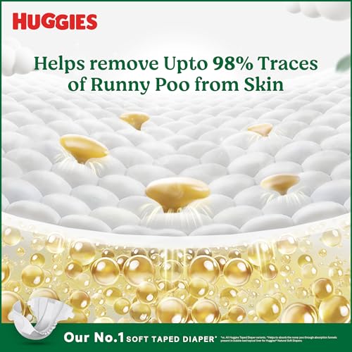 Image of Huggies Natural Soft Premium Tape Diapers Medium (M) Size, 7-12 kgs,26 Count | Our No.1 Soft Taped Diaper with Cloud Soft Bed and Runny Poo Absorption