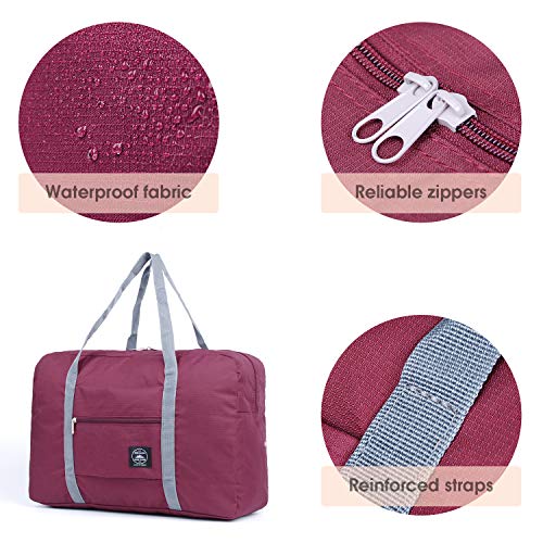 For Spirit Airlines Foldable Travel Duffel Bag Tote Carry on Luggage Sport Duffle Weekender Overnight for Women and Girls (1112-Wine Red)