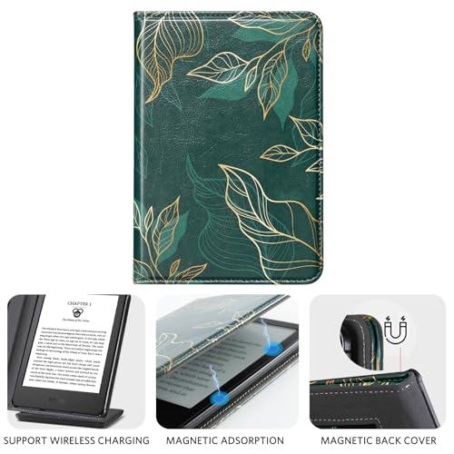 Image of CoBak Case with Stand for 6 inch Kindle (2024 & 2022, 11th Gen) - PU Leather Smart Cover with Auto Sleep /Wake & Hand Strap, Premium Protective Case for Kindle Basic,Green Pattern
