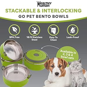 Healthy Human Travel Pet Bento Bowls Human Grade Stainless Steel BPA Free Leak Proof Water Food Container Set for Dogs Cats 2 Pack Interlocking Bowls Includes Spare Clips Handle Green