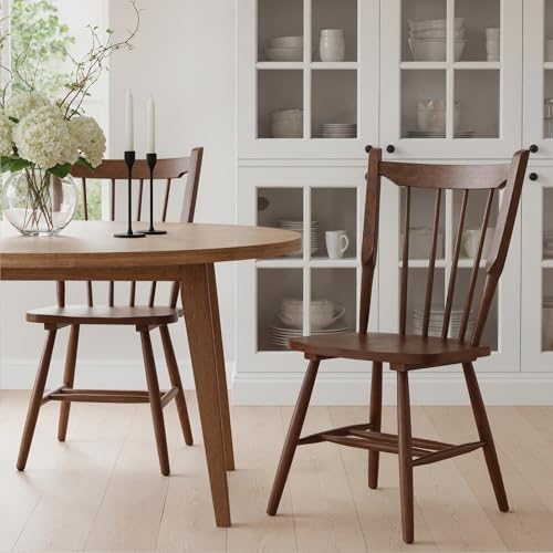 Image of HNY Walnut Windsor Dining Chairs Set of 2, Farmhouse Wooden Kitchen Chairs with Spindle Back, Mid Century Modern Armless Kitchen Side Chair for Dining Living Room Restaurant