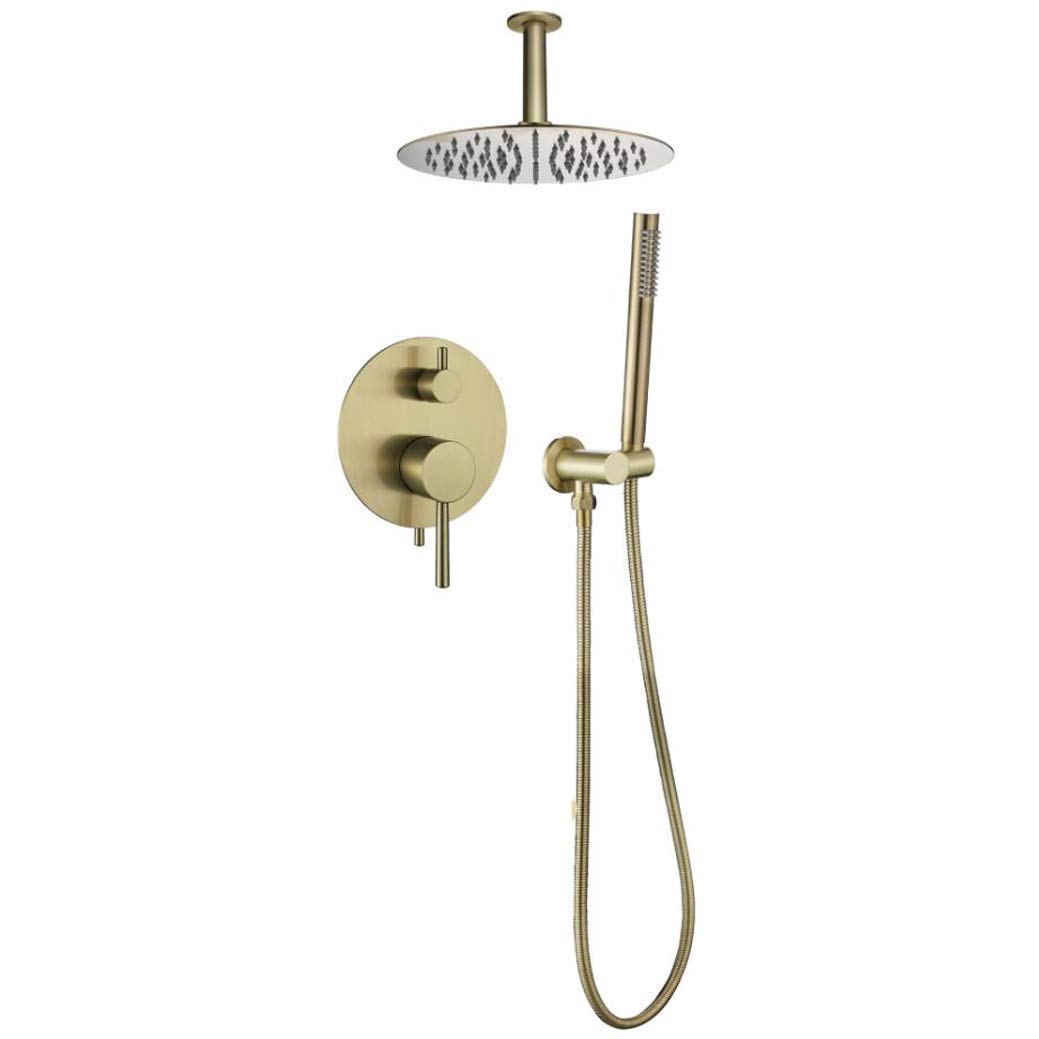 Système de Douche, robinetterie de Salle de Bain mitigeuse Effet Pluie en Or brossé, fixée au Plafond, avec pommeau de Douche Rond en Acier Inoxydable de 8 à 12 Pouces et douchette