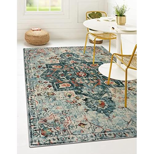 Lahome Area Rug Washable Pink Rugs for Bedroom Girls Non Slip Rugs for Living Room, Boho Floral Soft Rubber Backing Low-Pile Indoor Printed Throw Floor Carpet for Home Office Nursery, Hot Pi