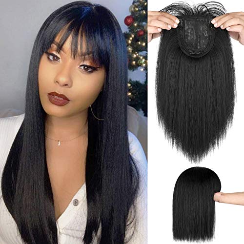 Lansigreen Hair Topper with Bangs Pieces 14" Straight Hairpieces Clip in Silk Base Synthetic Top Extensions for Loss Thinning Hair Women Jet Black