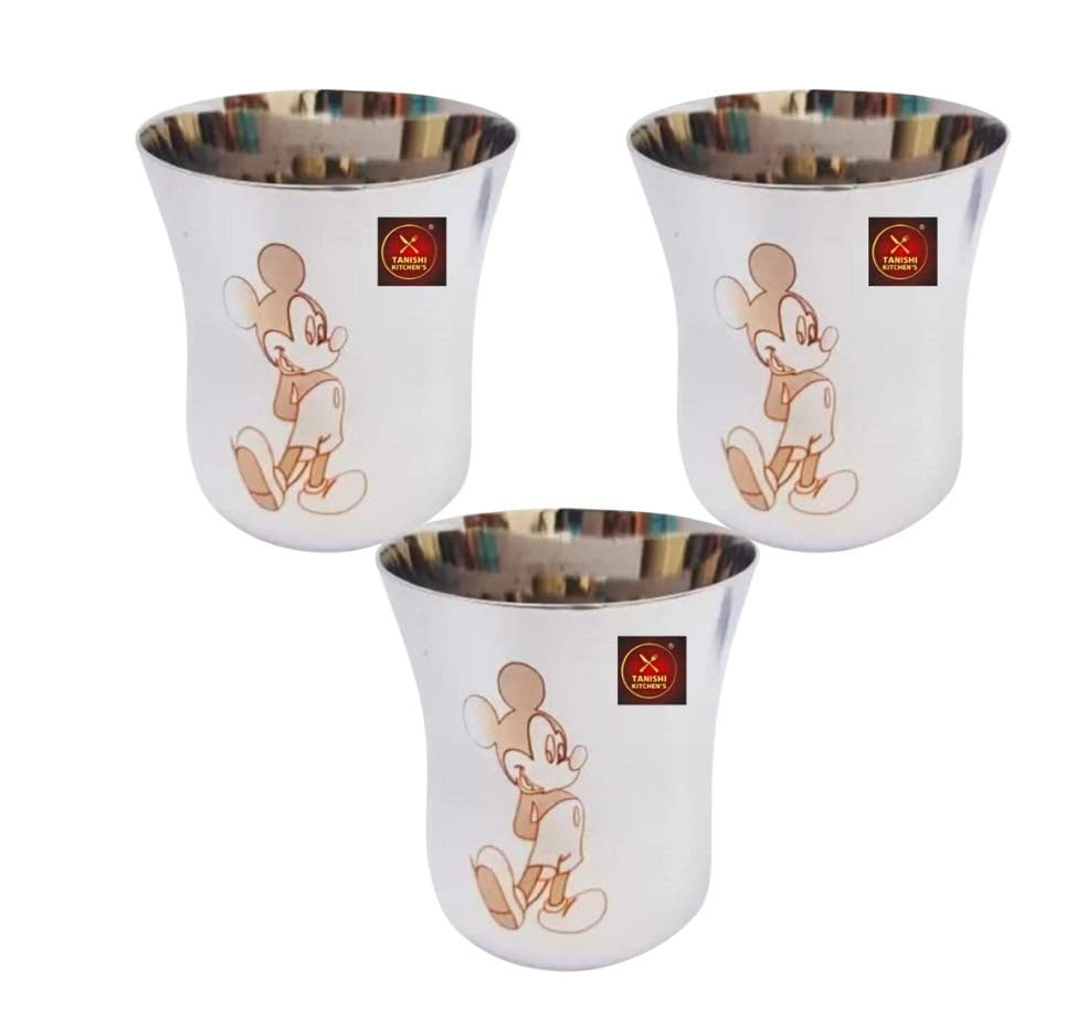 Image of TANISHI KITCHEN'S Stainless Steel Mickey Character Small Drinking Glass for Water /Milk- Set of 6, 100ml Each | Kid-Friendly Cartoon Steel Drinkware | Break-Resistant & Dishwasher Safe