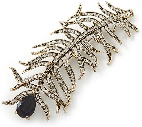 Large Vintage Inspired 'Peacock Feather' Brooch In Antique Gold Metal (Deep Purple/Clear) - 90mm Length, white / ivory, gold, violet - Image 5