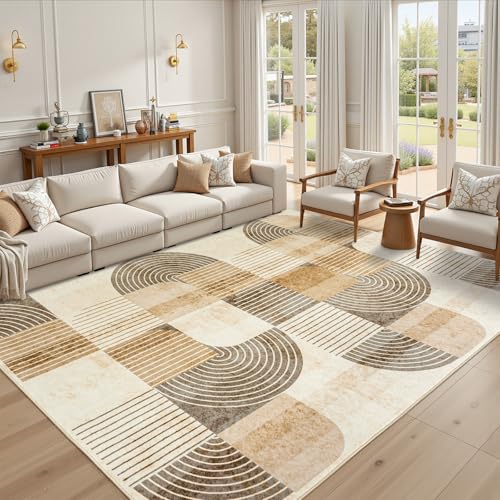 OHDS Living Room Area Rugs 6x9 - Large Washable Modern Rug for Bedroom, Non-Slip Geometric Abstract Carpet Indoor Floor Neutral Beige Mat for Dining Room Nursery Office