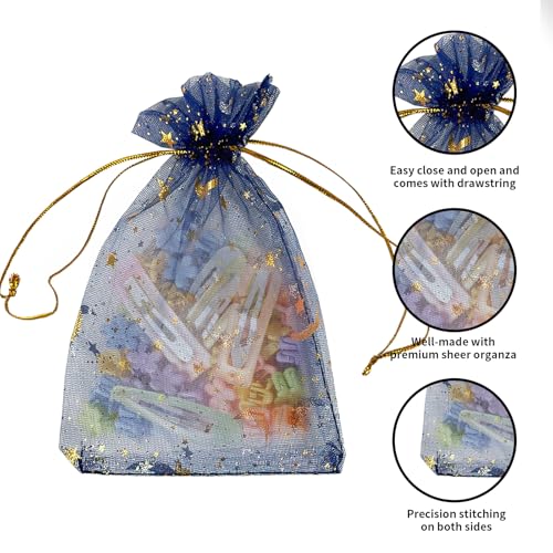 Image of YHJZ 100PCS Moon Star Organza Bags, 4x6 inches (10x15cm) Small Mesh Bags Drawstring, Jewelry Gift Bags for Wedding, Party, Festival (Blue)