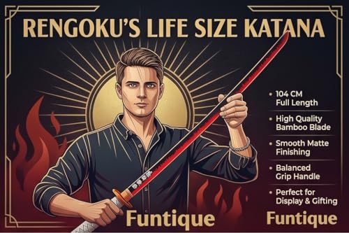Image of Demon Slayer Kyojuro Rengoku Wooden Katana Sword, 104cm Premium Bamboo Anime Flame Hashira Cosplay Replica with Display Stand