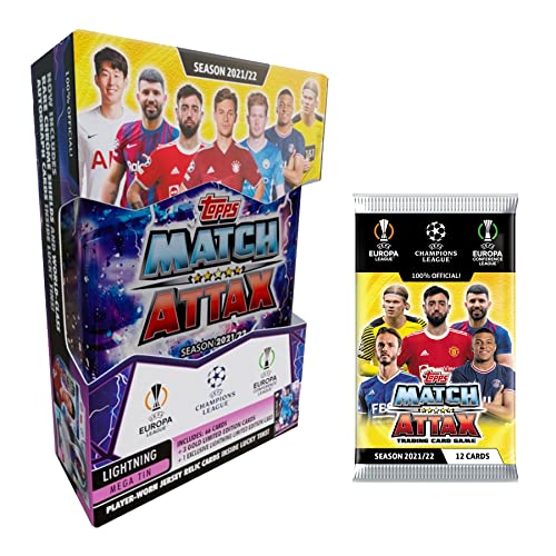 2021-22 Topps Match Attax Champions League Cards - Lightning Mega Tin + Bonus 6-Card Promo Pack (76 Cards + 3 LE Gold Cards & 1 LE Lightning Sterling Card)