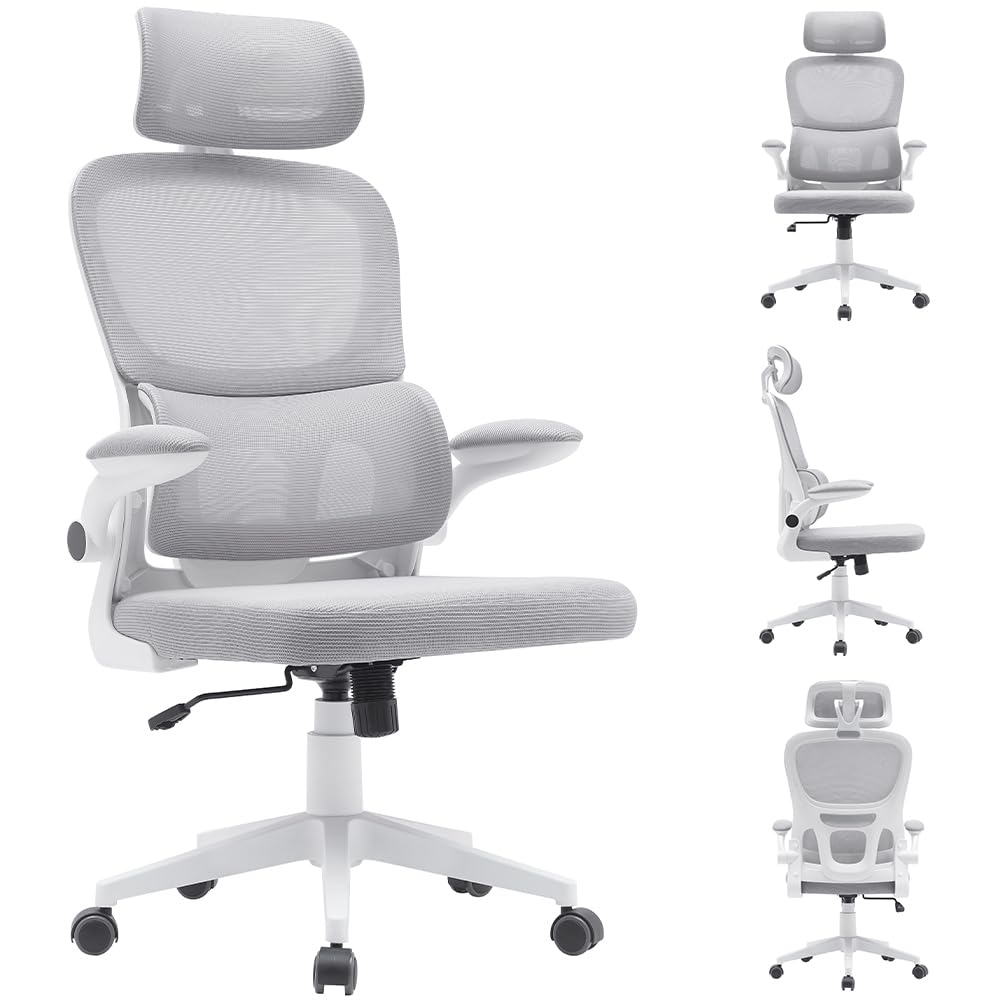 BAKAJI Sedia da Ufficio in Tessuto Ergonomica con Schienale Supporto Lombare e Poggiatesta, Poltrona da Scrivania Girevole, Altezza Regolabile Rivestimento Antisudore Traspirante (Grigio Chiaro)