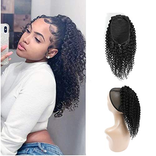 Drawstring Ponytail Extensions Human Hair Kinky Curly Drawstring Ponytail With Wrap Extensions Natural Color For Black Women 3C 4A Kinky Curly Hair Piece Clip in Ponytail Hair (18inch 100gram)