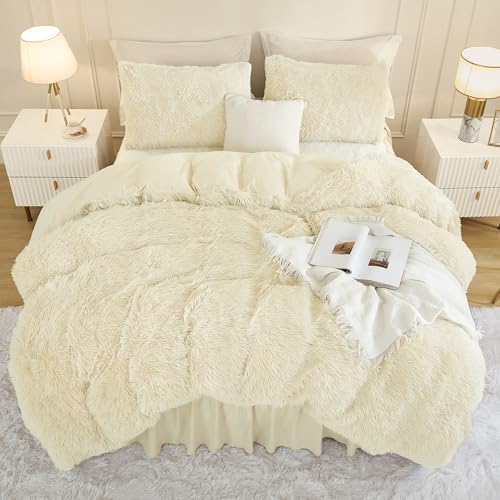 Andency Faux Fur Beige Comforter Set King Size, 3 Pieces Fluffy Fuzzy Plush Bedding Comforter Set (1 Shaggy Velvet Comforter & 2 Pillowcases), Soft Puffy Comfy Down Alternative Comforter Bedding Set