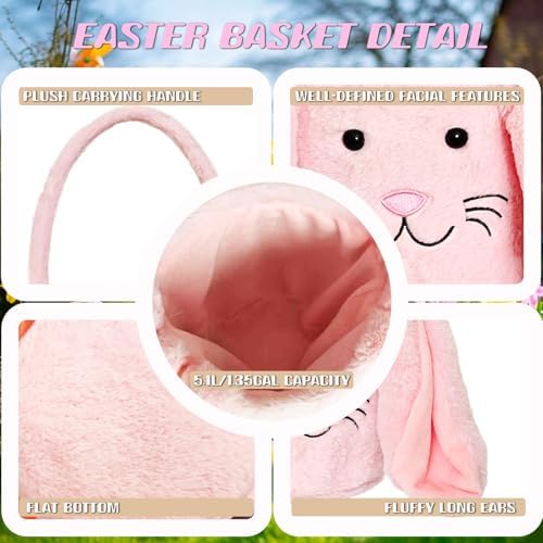 Easter Bunny Basket for Kids, Fluffy Easter Egg Hunt Bag Soft Fabric, Cute Rabbit Tote Bags with Long Plush Ear Easter Tote Bags for Candy Gifts Storage (Pink) - 3