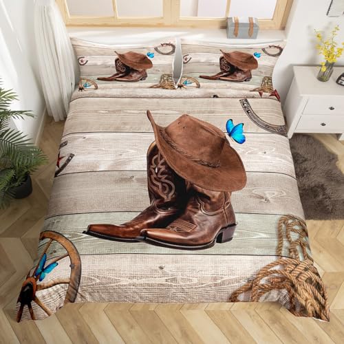 Homewish Rustic Farmhouse Duvet Cover, Wooden Barn Door Country Bedding Set Double Size For Kids Boys Teens Adult, Western Cowboy Horseshoe Comforter Cover Butterfly Cowgirls Bed Set, Gray Brown
