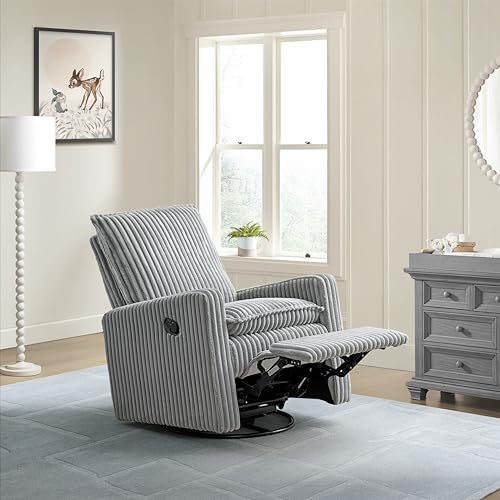 Image of Oxford Baby Uptown Upholstered Glider Recliner Rocking Chair 360 Swivel for Nursery and Living Room - Corduroy, Ash Gray