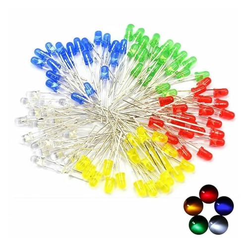 100 diodos LED de 3 mm, Verde, Rojo, Azul, Amarillo y Naranja, minidiodos emisores de luz DIY.(Multi-Colored)