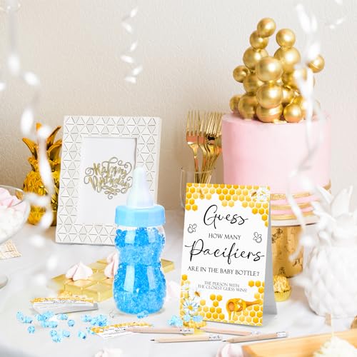 Image of Roowest 512 Pcs Baby Shower Games Guess How Many Pacifiers Sign 100 Small Guessing Games 10 HB Pencils 750ml Milk Bottle 400 Acrylic Pacifiers Decoration for Guest Gender Reveal(Blue,Bee)