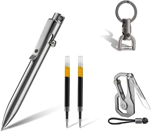 KeyUnity KP03ST Titanium EDC Bolt Action Pen, KU00 Titanium Quickdraw Mosquetón y KM13 Paquete de conector de llavero giratorio KM13