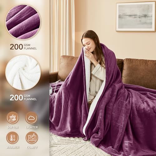 Image of Homemate Electric Heated Blanket Queen - 84 inchx90 inch Heating Bed Blankets Throw with 10 Heating Levels 8 Hours Auto Off Fast Heating Over-Heated Protection Ultra Soft Warm Flannel ETL Certified Purple