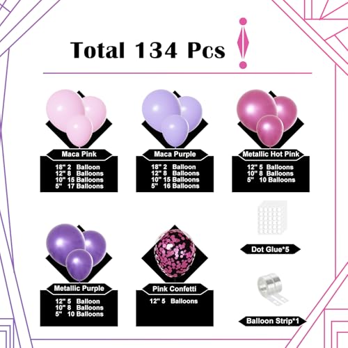 Image of Lukiituke Pink and Purple Balloon Arch Kit, 134Pcs Pink and Purple Balloons | 4 Sizes Latex Balloons for Wedding Bridal Baby Shower Birthday Party Decorations