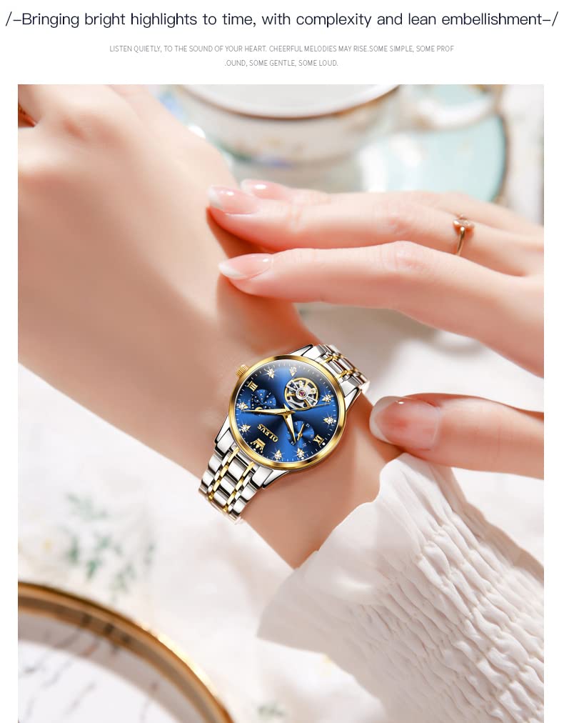 OLEVS Damenuhr Damen Automatik Mechanisch Skelett Diamant Luxus Elegant Edelstahl Wasserdicht Armbanduhr Damen