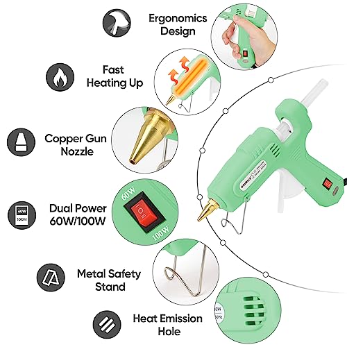 Image of ROMECH Full Size Hot Glue Gun with 60 /100W Dual Power and 21 Hot Glue Sticks (7 /16 inch), Fast Preheating Heavy Duty Industrial Gluegun with Storage Case for Crafting, DIY and Repairs (Light Green)