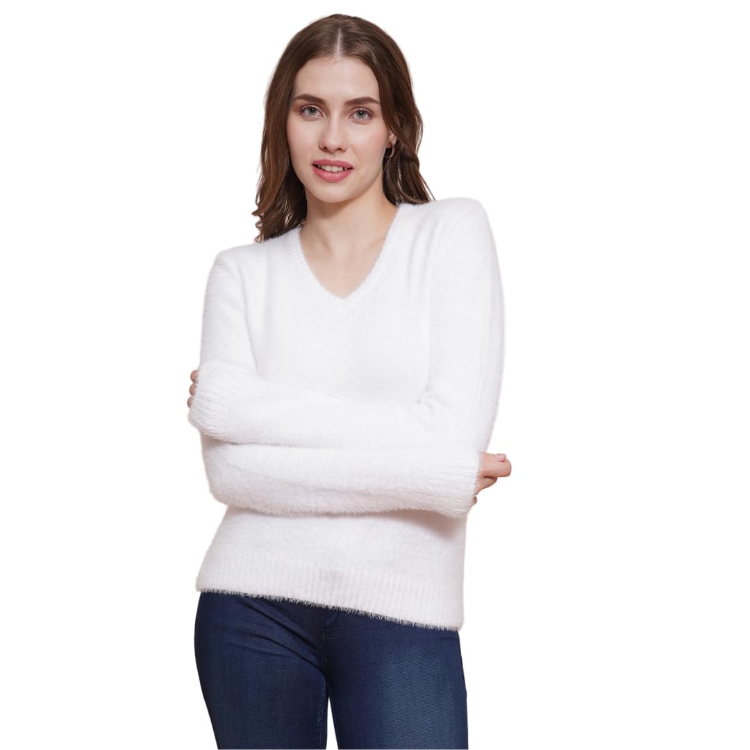 globus Women V-Neck Full Sleeves Faux Fur Knitted Ribbed Hem Pullover Sweater-picture-34