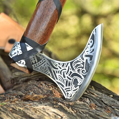 Image of Viking Axe Ragnar Lothbrook Hunting Axes Rosewood Handle - High Carbon Steel Blade Sharp EDG Wood Working Hand Tool - Tomahawk Bearded Axes - Forged Outdoor Camping Tools Axe with Leather Cover