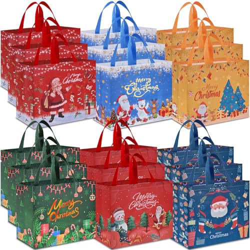 AhfuLife Extra Large Christmas Bags for Gift 18pcs Reusable Christmas Tote Bags with Handles